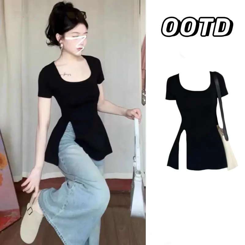 Women Black Modal Short Sleeve T-Shirt Fashion U-Neck Side Slit Top