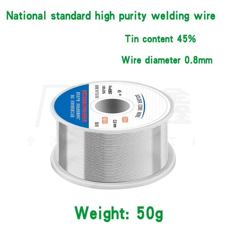 Dây thiếc hàn, đường kính 0.8mm và 1.0mm, trọng lượng 50g, 100g, 500g, được làm bằng lõi nhựa thông nóng chảy, dây hàn, có hàm lượng dây hàn 45%