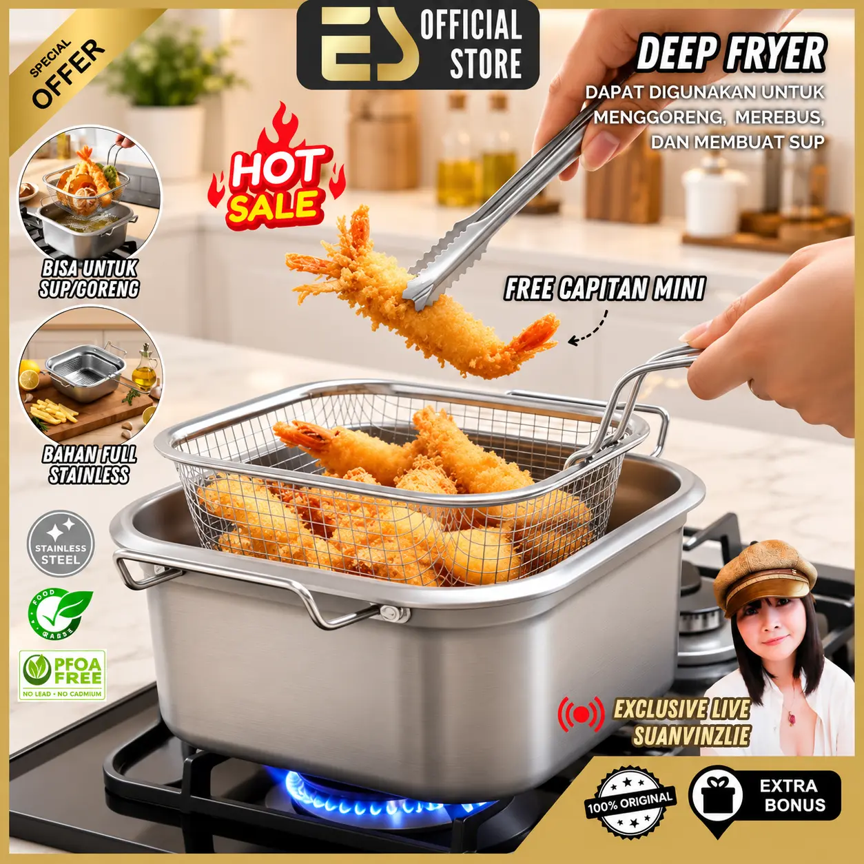[ES x Suanvinzlie] Panci Deep Fryer 3 in 1 Ukuran 20cm Stainless Steel Mudah Dibersihkan Anti Lengket Multifungsi Kitchenware
