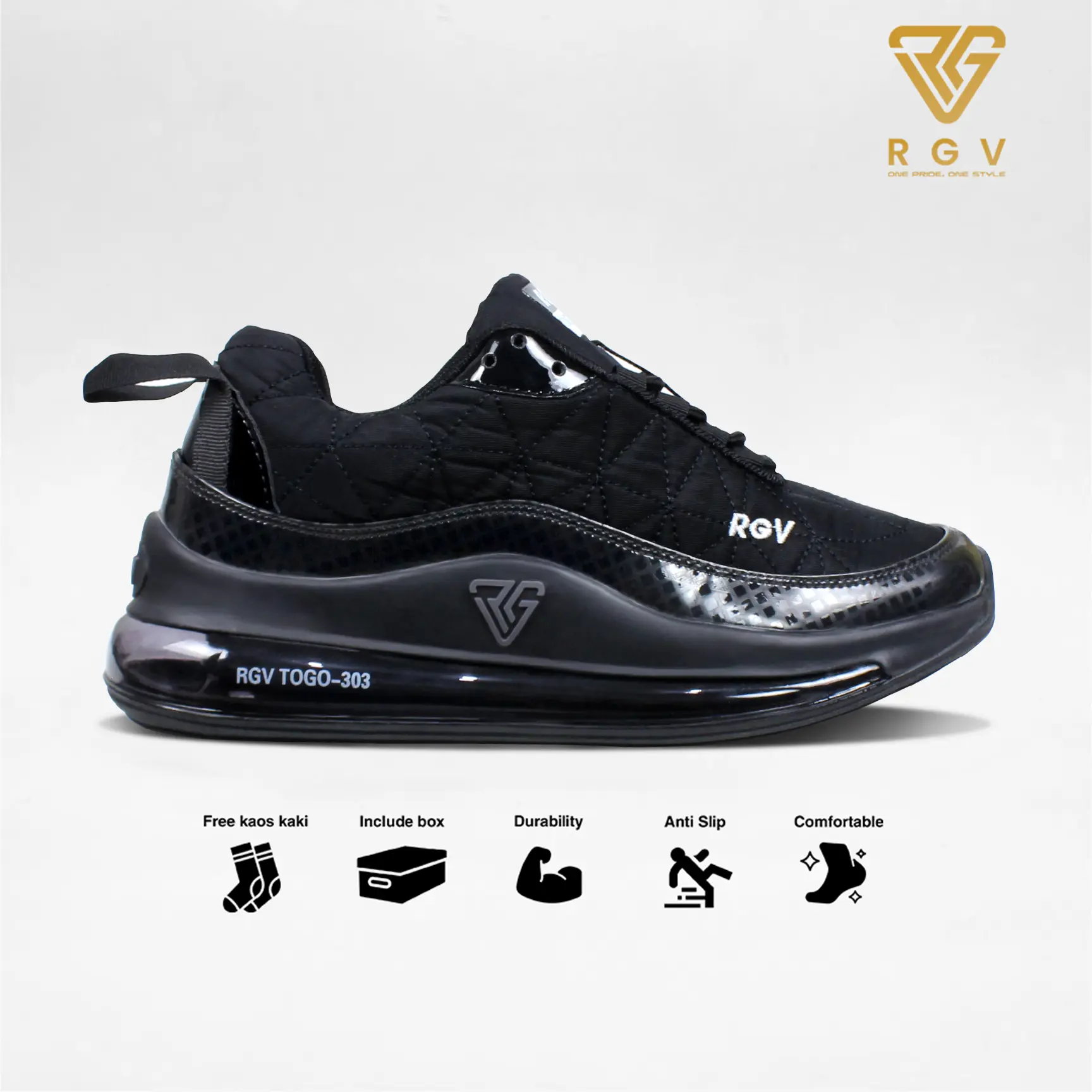 RGV 38 - 44 Sepatu Hitam Sneakers Pria dan Wanita Series Togo 303 Full Black Shoes