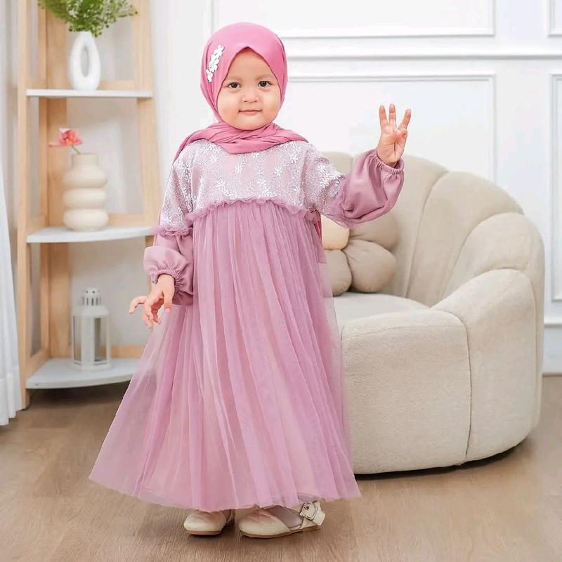 Mafaza Dress Kids Pesta Brukat Mewah Simple Elegant Gamis Anak Perempuan Muslimah Umur 3 4 5 6 Tahun Bahan Velvet Mix Tile Gaun Lebaran Baju Anak Cewek Perempuan Kondangan 5