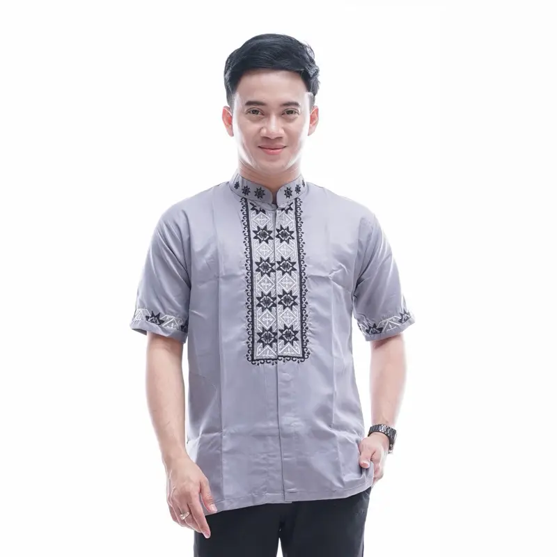 Al-khaj Baju Koko Muslim Bordir Dewasa Lengan Pendek V2 Kerah Bordir