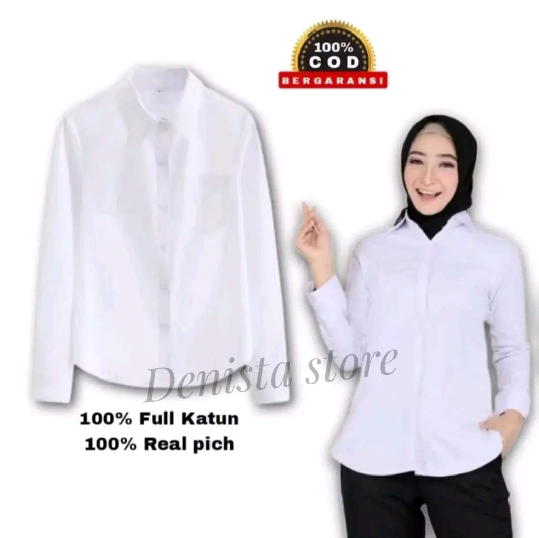 Kemeja Panjang Putih Hitam Wanita/Kemeja Putih Kerja Wanita,, Kain katun Airflow oversize
