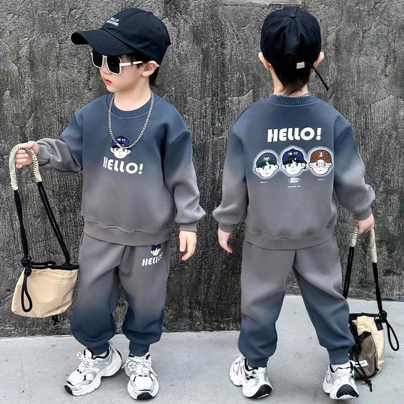 Quần áo bé trai bộ thu đông bé trai năm 2025 cho bé từ 19-47kg từ 4-15 tuổi mẫu in 3D HELLO phong cách thời trang cá tính chất nỉ da cá mềm mịn dày dặn đường may kĩ