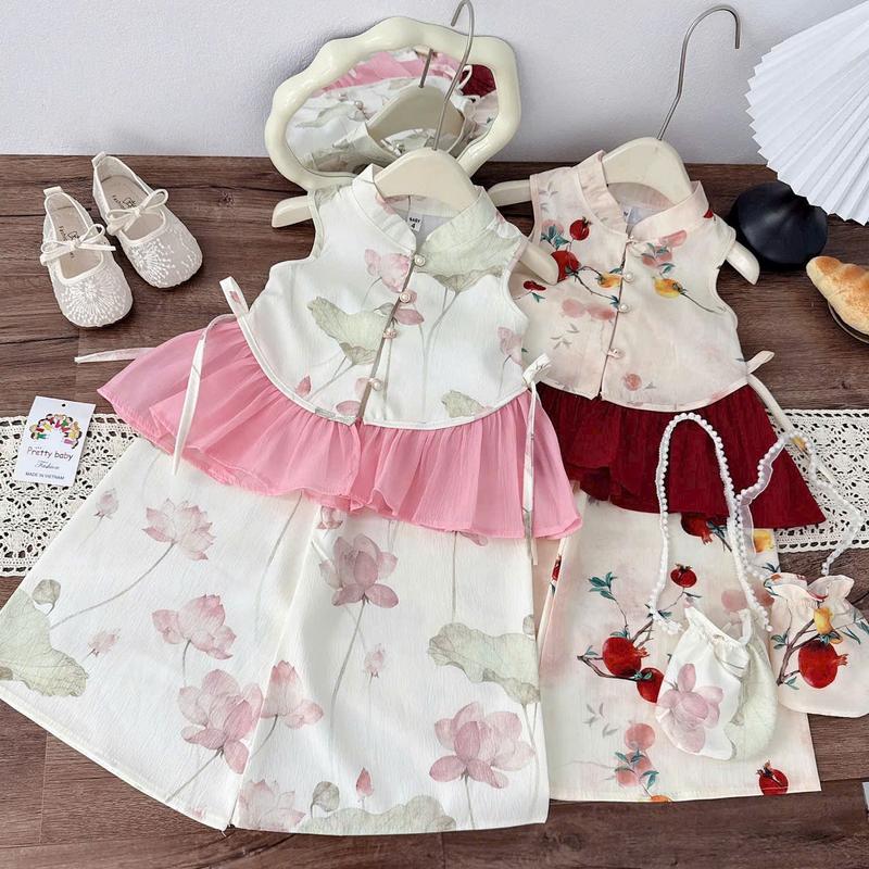   9-26KG  Sét áo yếm điệu đà kèm quần dài lụa cho bé gái sét chụp hình trung thu dễ thương 