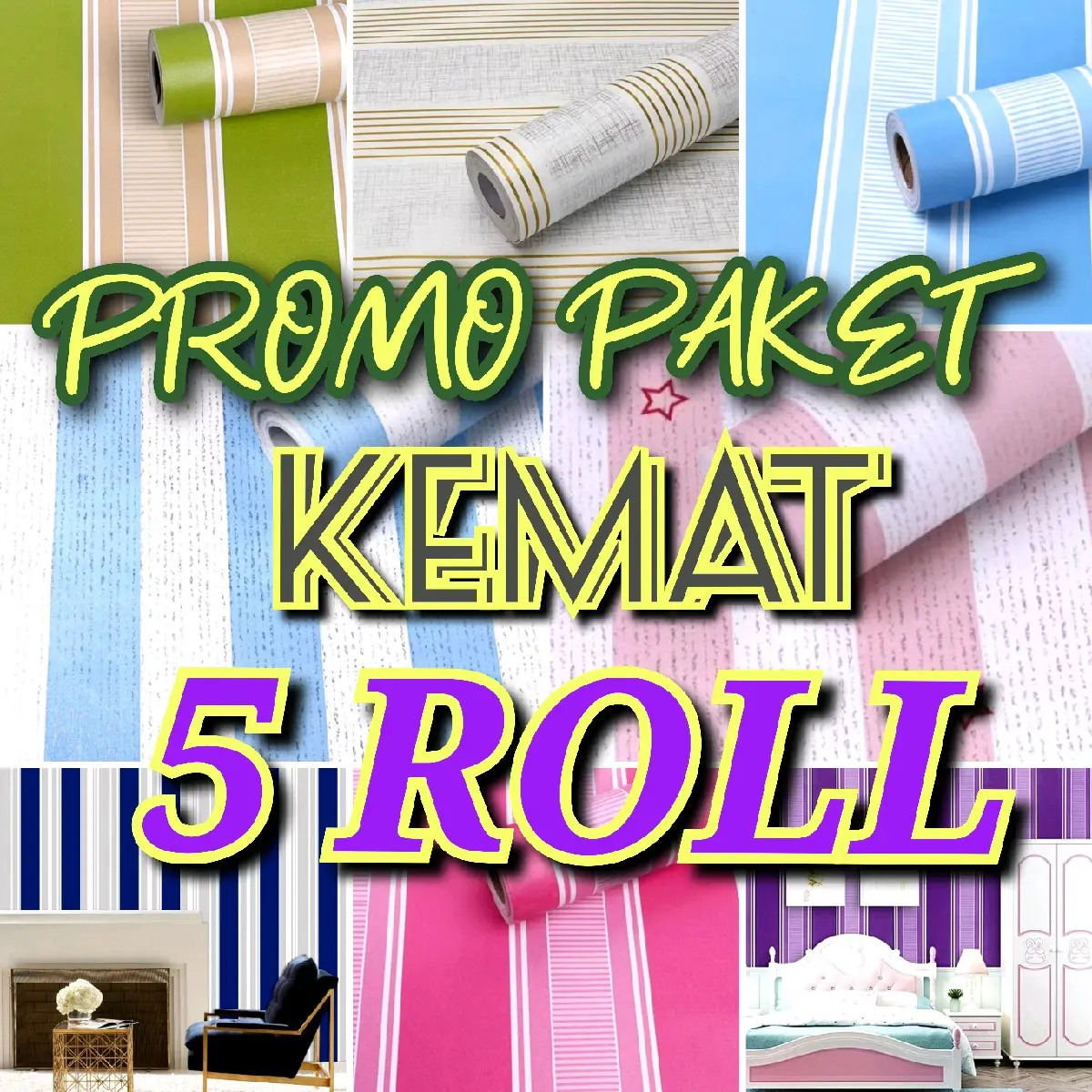 Paket Hemat 5 Roll Wallpaper Sticker Dinding Motif Garis Biru Garis Hitam Salur Silver Kertas PVC