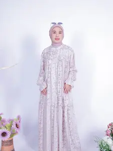 Fidabe Gamis Aleea Motif Hanum Desain Elegan Warna Putih Mewah Dress Muslim Panjang Formal Cantik Rayon Twill Kekinian Bunga Bumil Busui Friendly Kancing Karet Katun Nyaman Wanita Kancing Adem Rempel
