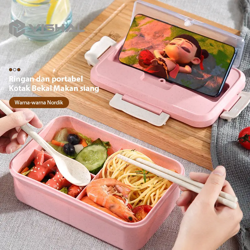 VISHAL Lunch Box Kotak Bekal Makan Jerami Gandum kotak makan ​1000ml 4 In 1 Free Sendok Tempat Makan VS-1 2