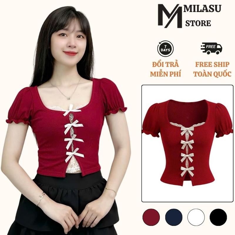 Áo Thun Tăm Nữ Cổ Tròn Phối Viền Ren Ôm Body Milasu Áo Ngắn Tay Đính Nơ Phối Ren 2 Lớp Điệu Đà 448