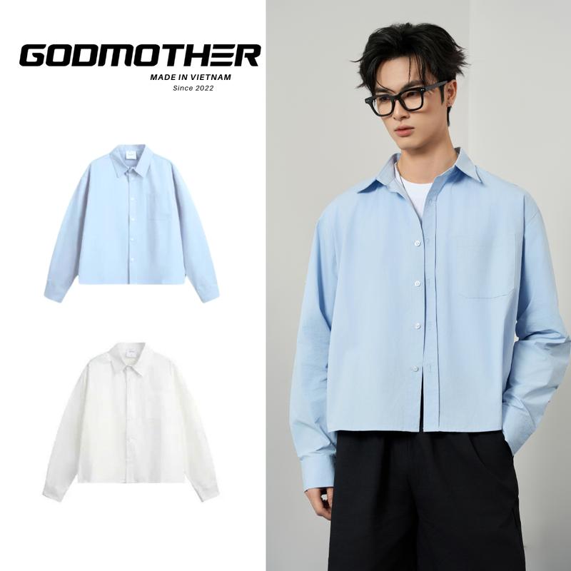 Áo Sơ Mi Trơn Boxy GODMOTHER Áo Sơ Mi Tay Dài Thoáng Mát Khí Unisex Nam Nữ Thời Trang Công Sở