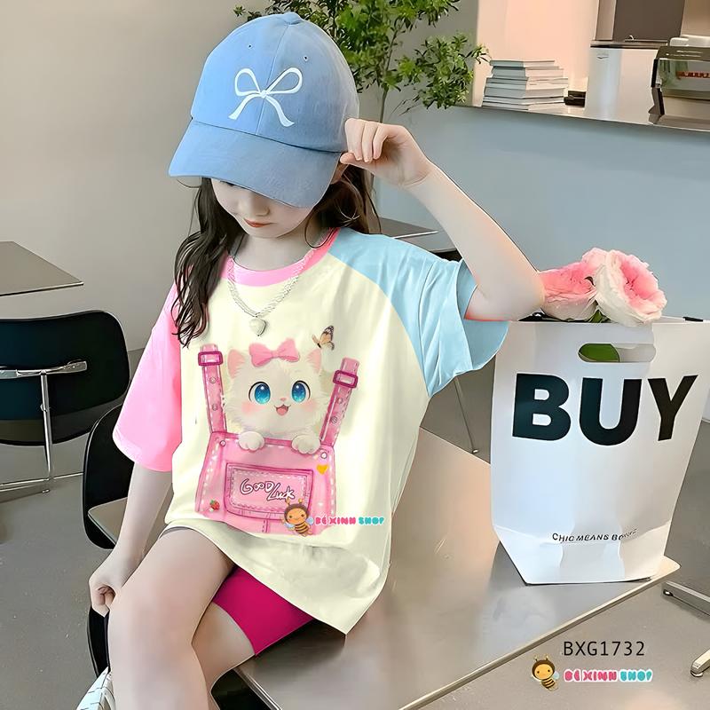   BEXINHSHOPVN  Set áo thun in hình mèo phối màu quần legging lửng dễ thương cho bé gái BXG1731 