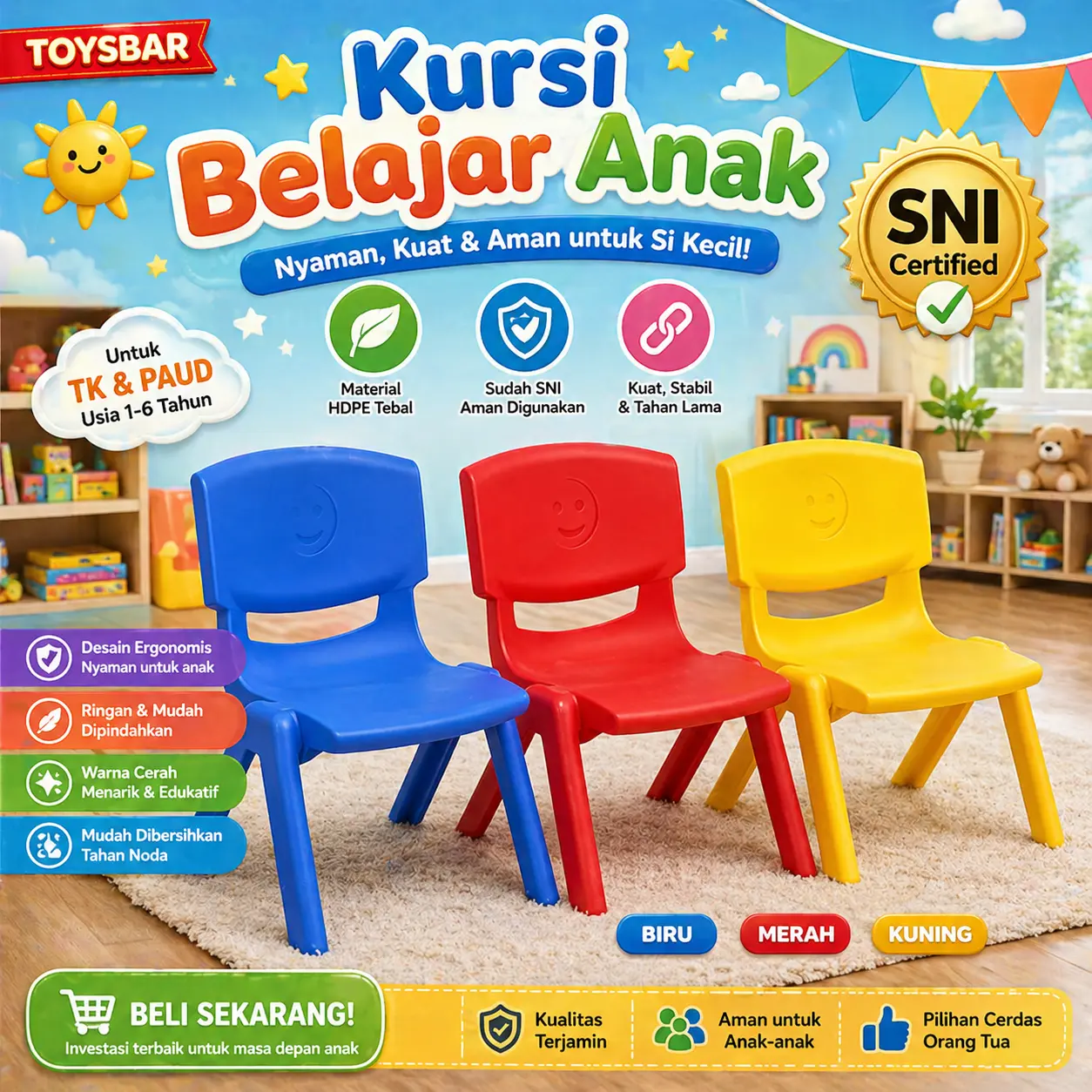 Toysbar Kursi Belajar Anak Ergonomis MOLION HM-5202 Material Aman Plastik HDPE Tebal untuk TK & PAUD Ukuran 31x25x47 cm SNI Certified - Furniture