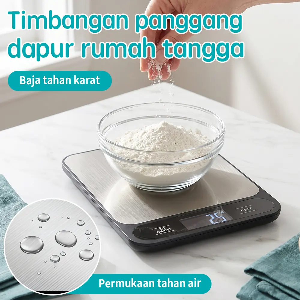Timbangan Dapur Digital Stainless Steel 10kg Ketelitian 1g, Timbangan Kue Baking Rechargeable / Pakai Baterai Multisatuan Anti Slip