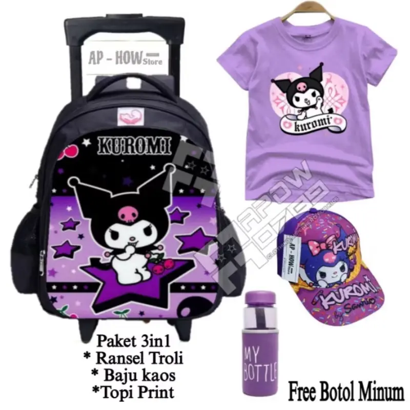 Paket Hemat Ransel Troli Anak Perempuan Motif Kuromi, Gratis Botol Minum, Tas Ransel Sekolah Anak Perempuan TK & SD - Fashion 0