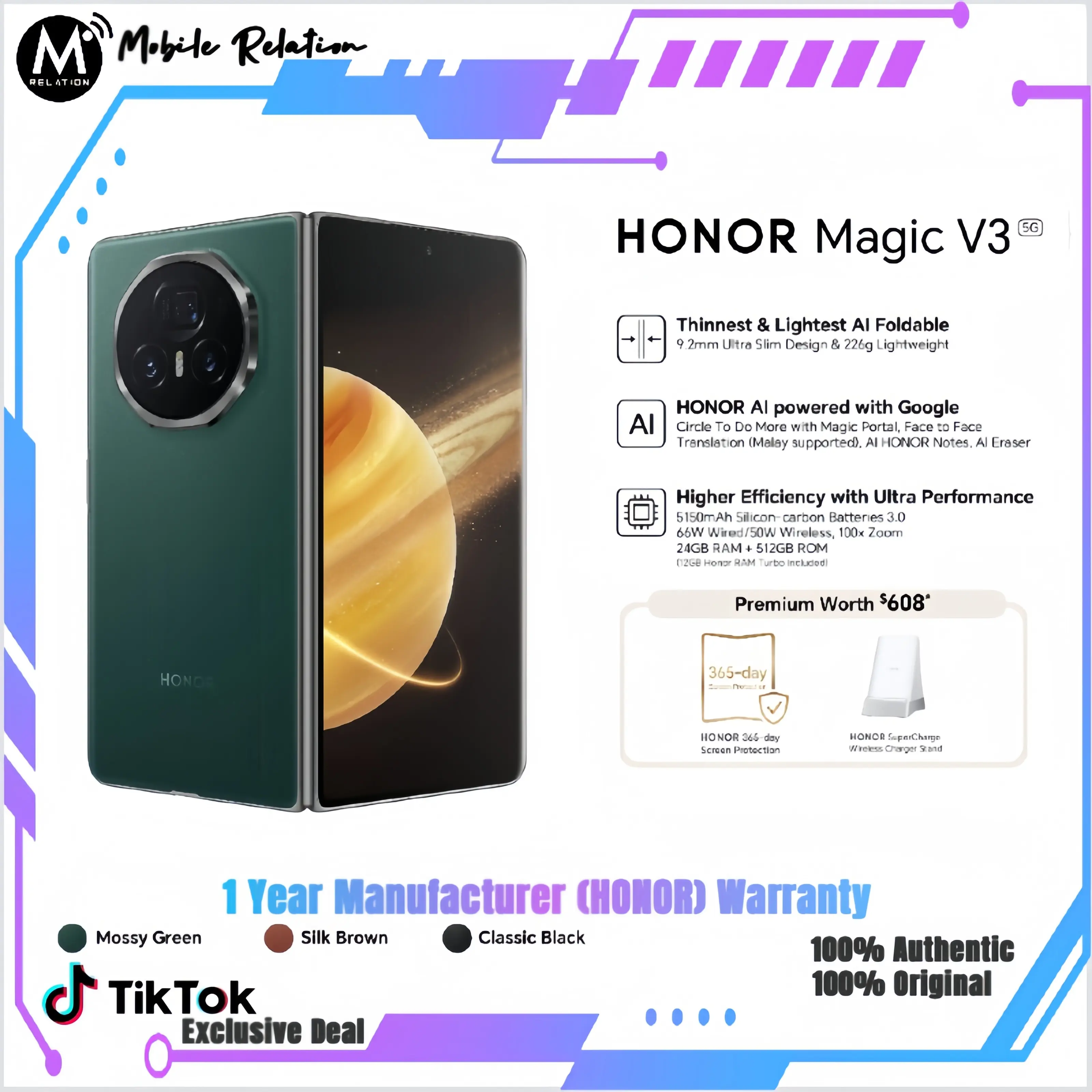 HONOR Authorised Reseller | HONOR Magic V3 Foldable Smartphone 5G 24(12+12)GB+512GB – HONOR AI powered by Google I 1 Year HONOR Warranty