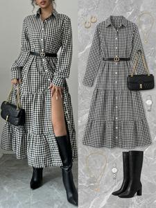Vestido de mujer con estampado de cuadros y volantes, Vestido elegante y moderno de corte campana para el día a día, Vestido de mujer para otoño e invierno