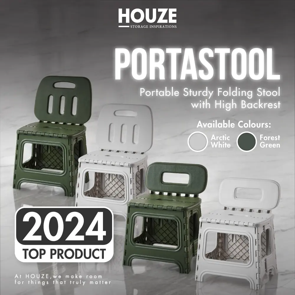 HOUZE - 'PORTASTOOL' Portable Sturdy Folding Stool with Backrest | High Backrest - Chair | Ergonomic