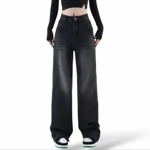 Celana Jeans Highwaist Straight Oversize Loose Panjang Kekinian Hitam Biru Denim Premium Baggy Skena