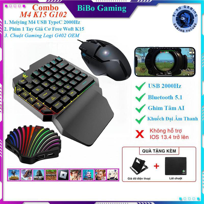 Combo Meiying M4 Bộ Chuyển Đổi PK PCM Bluetooth 5.1 và Có Dây 2000Hz Ghìm tâm AI Bàn Phím Giả Cơ Free Wolf K15 và Chuột Gaming Hỗ trợ chơi game PUBG Mobile Free Fire Liên Quân MineCraft Roblox