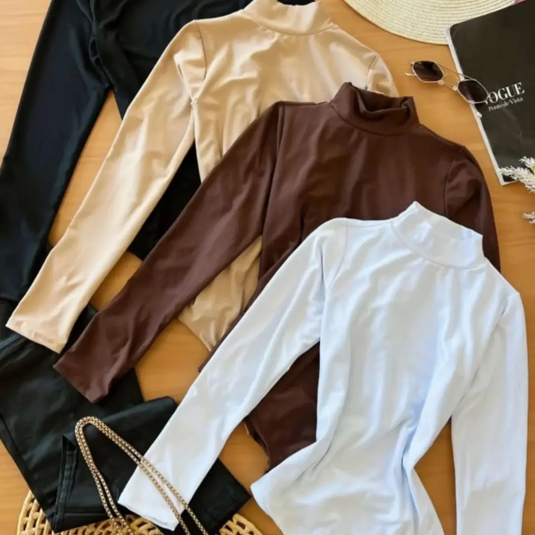 Kit Body Feminino Suplex Manga Longa Básico Gola Alta