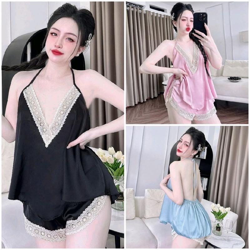 Đồ Ngủ Nữ Áo Yếm 2 Dây Quần Đùi Viền Ren Hoa Lụa Latin Đồ ngủ nữ mặc nhà pyjama Set Yếm Xinh Kem Women Ren Se.xy rose  đồ pijama đồ  ngủ khoe vòng 1