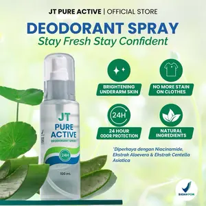 JT Pure Active Deodorant Spray 100 ML With Niacinamide , Aloevera , Centella Extract 24 jam Bebas bau badan