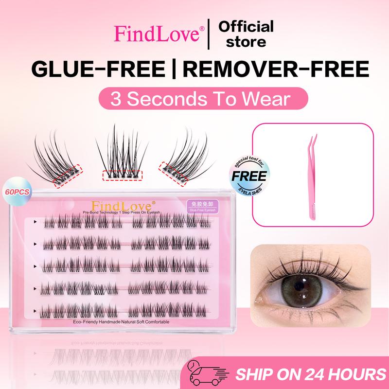 Product Introduction of FindLove Camellia Glue Free Eyelash Pre-Bond Technology  No Glue Needed  DIY Eyelash  1-Step Press On Lashes Self Adhesive Reusable Natural Segmented  Long Lasting  Eyelash Extensions gluefree lashes Cosmetic free Tweezer  Self-Adhesive C Curl Lashes 38