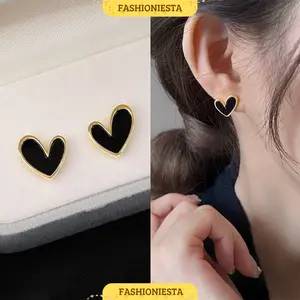 Anting-Anting Love Hitam Cute Anti Karat S925 Aksesoris Wanita Korea Style Fashion Stylish Trendy