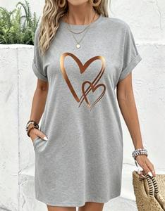 Vestido de camiseta negra casual para mujer con estampado de corazón, manga corta, cuello redondo, longitud hasta la rodilla, ajuste holgado, perfecto para primavera y verano, vestidos de mujer.