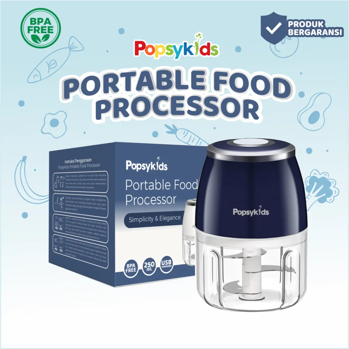 Popsykids Portable Food Processor – Blender MPASI Mini Chopper Elektrik Penggiling Makanan Bayi  White Blue