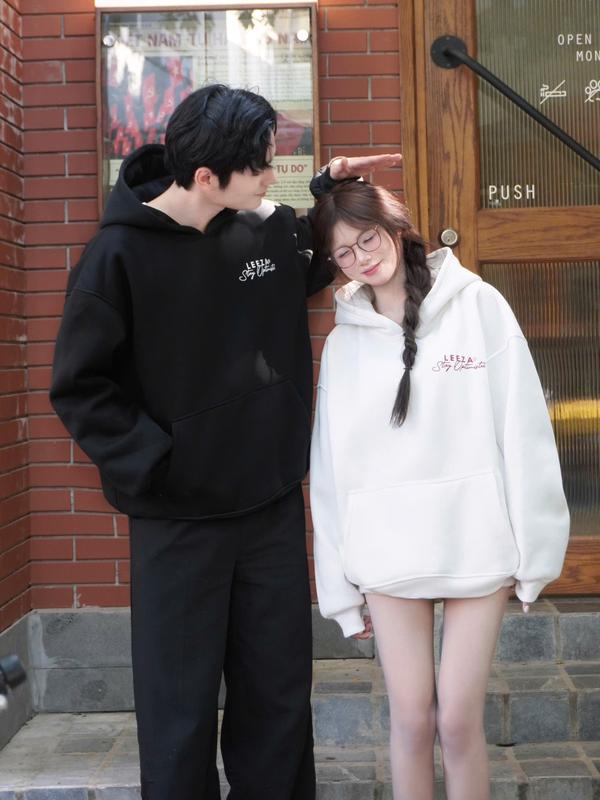   x  LEEZA - Áo Hoodie Nỉ Bông Trơn Basic Đơn Giản In Logo Trước Sau   4 màu   Local Brand Unisex 12.01 áo  nỉ  sweater 