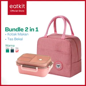 Eatkit 2-in-1 Kotak Makan Set & Tas Bekal 2 Tingkat 3 Sekat Anti Tumpah Lunch Box Susun BPA Free dengan Sendok Garpu Portable Biru Hijau Pink Kitchenware Plastik PP Berkualitas