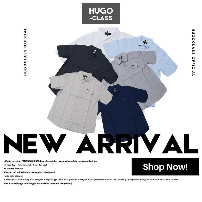 Baju Kemeja HUGOCLASS Casual 6 Warna Polos Kerah - Lengan Pendek 100% COTTON Distro Katun Pria Cowok Atasan Kerja Nyaman Soft Lembut Muda Formal Muslim Dewasa Merah Pendek Hem Hitam Keren 0