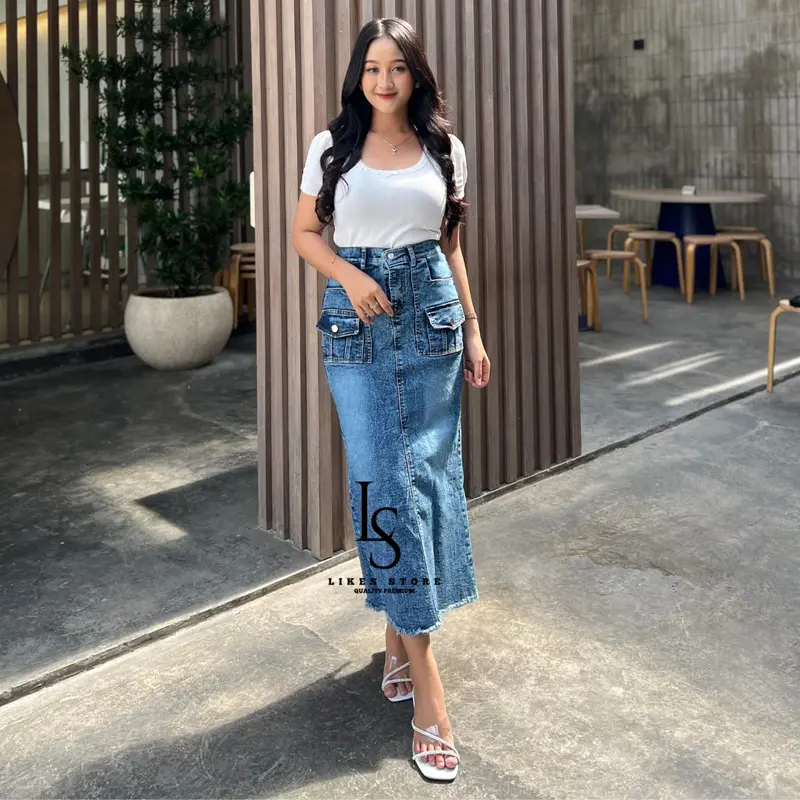 Moreen  rok Jeans Rawis wanita -  Moreen rok Span Stretch Korean Style Panjang  Denim Midi 3