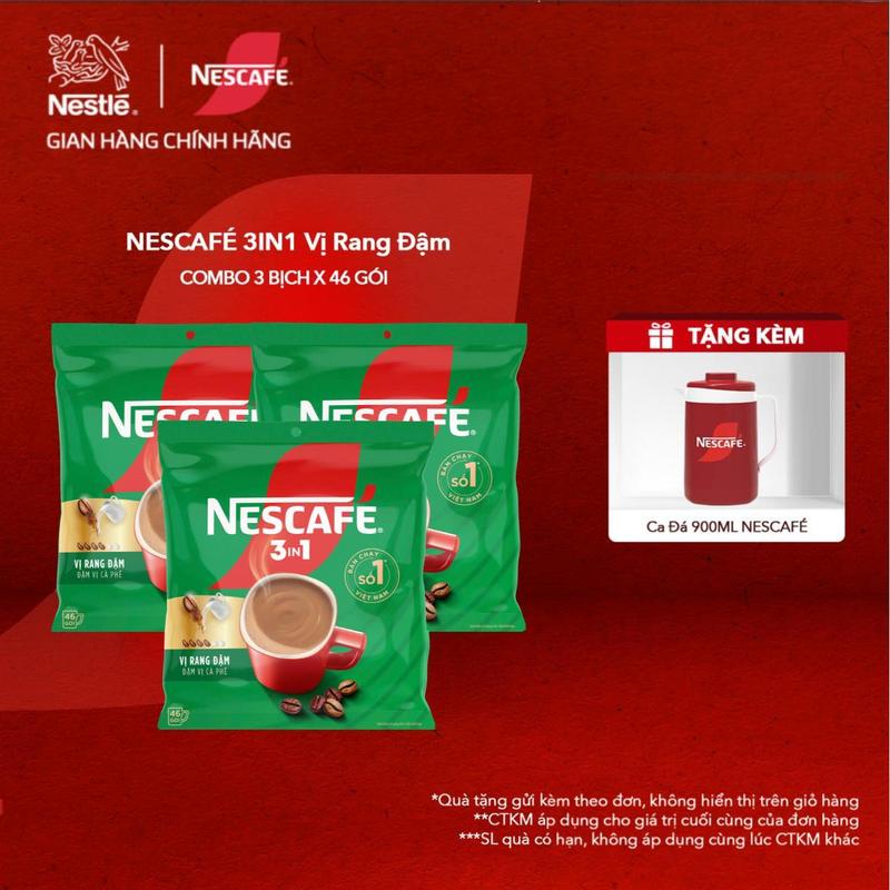 Nestlé VN Combo 3 Bịch Cà phê hòa tan/Cà phê gói NESCAFÉ 3IN1 Công thức cải tiến - VỊ RANG ĐẬM (Bịch 46 gói x 16g)-ST