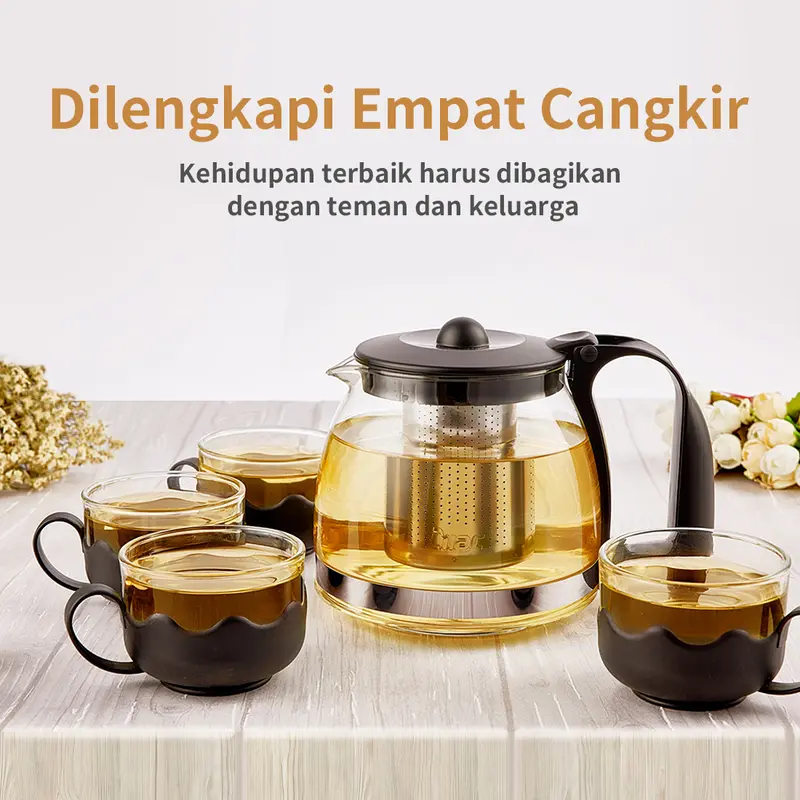 MINISO Set Teh Sederhana 5pcs Teh Ketel Kaca Teapot dengan 4pcs Gelas 1 Teapot Set 700ml Cangkir Stainless Steel Glass Teko 3