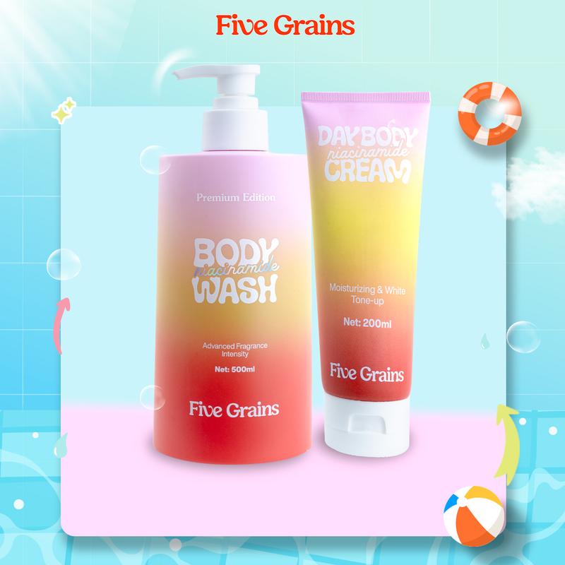 [I] Combo Sữa tắm 500ml & Kem dưỡng body nâng tone ban ngày Five Grains giúp dưỡng trắng da Niacinamide, Alpha-Arbutin 200ml - A08