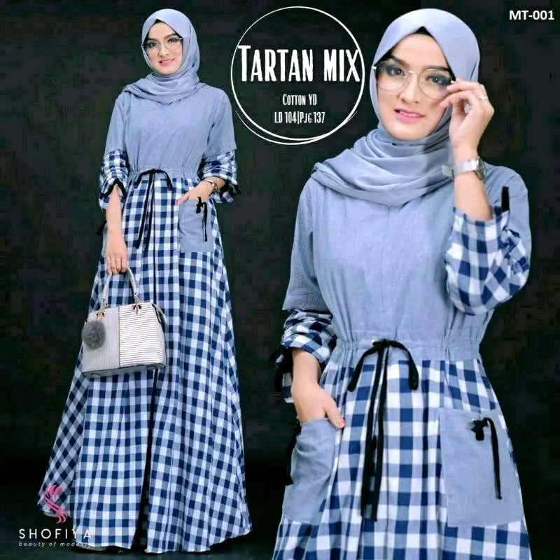 Gamis Syari Tartan Mix Maxi Dress Wanita Terbaru Katun Motif Kotak Serut Panjang Remaja Dewasa Muslim Kombinasi Saku Depan Coklat Nyaman