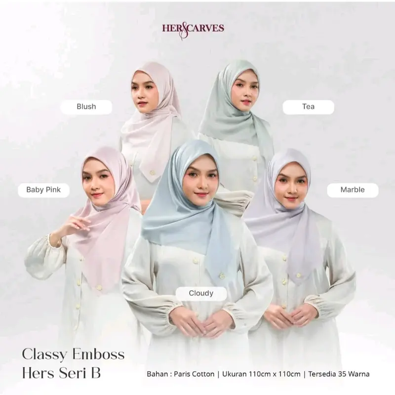 ISI 1 BOX EMBOS HERSSCARVES  MONOGRAM EMBOS BAHAN  LEMBUT GAMPANG DI ATUR HIJAB ELEGAN SUDAH PAKAI PACKING BOX PREMIUM LOGO METAL PREMIUM TIDAK KARATAN toleransi ke 115cm Kerudung Empat Square Muslim 1