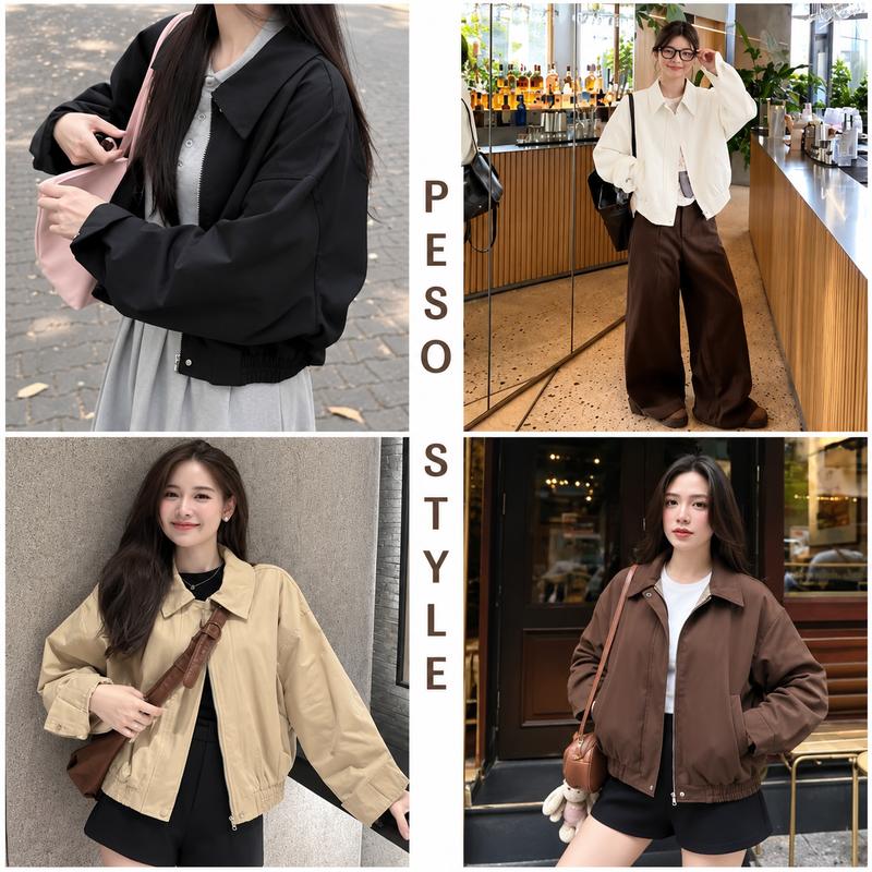 Áo Khoác Nữ Peso STyle Cổ Bẻ Chất Liệu Kaki Nhật 2 Lớp Dày Dặn Form Croptop Tôn Dáng Trẻ Trung