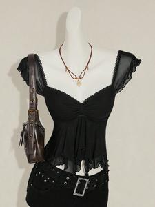 Top peplum de malla estilo Y2K con ribete de volantes, blusa transparente con cuello corazón y mangas que se balancean, estética fairy grunge coquette, moda femenina moderna