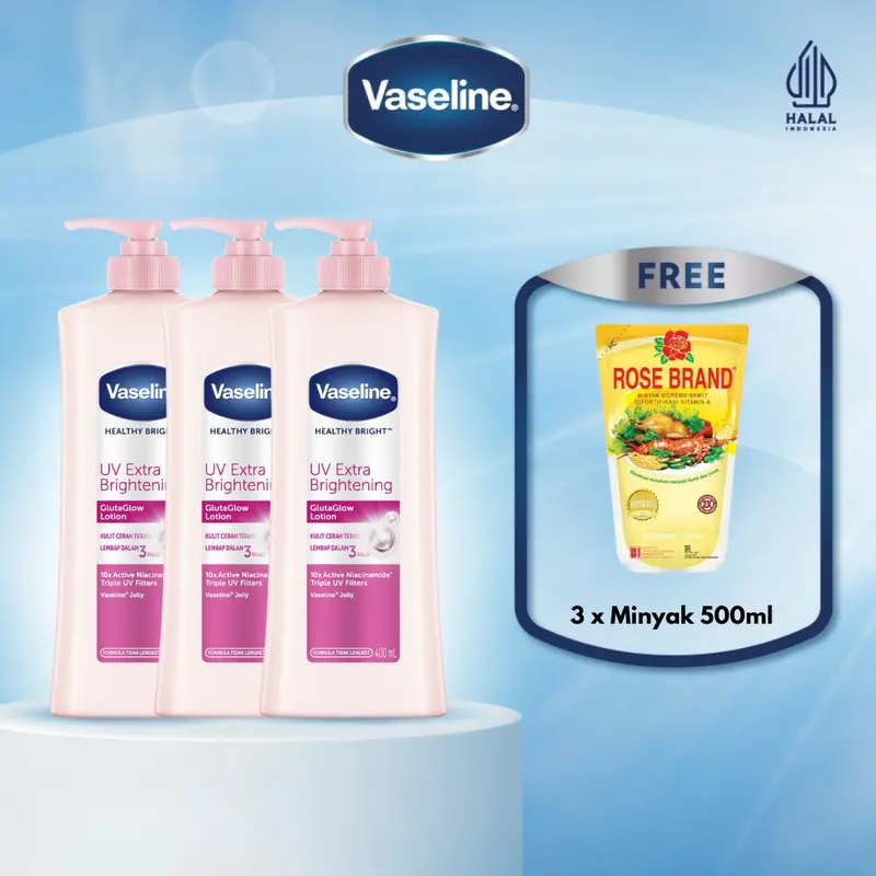 [FREE 3 MINYAK 500ml] Vaseline Healthy Bright UV Extra Brightening 400ml Triplepack 1
