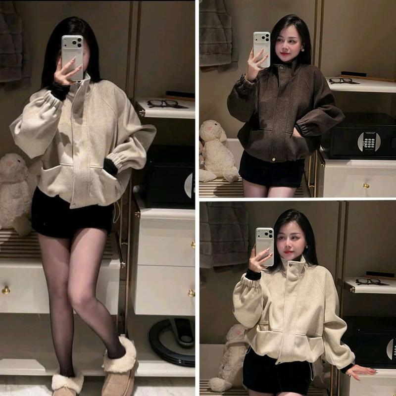   Hàng 2 Lớp  Áo Khoác Bomber Nữ Hàn Quốc Tôn Dáng Ôm Eo Trẻ Trung Dáng Áo Cổ Trụ Khóa Kéo Tiện Dụng Lót Trong Mềm Mịn 