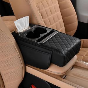 車用センターコンソールカバー、レザー製アームレストカバー、収納ボックス付き汎用センターコンソールクッション、カップホルダー、ティッシュボックス＆スマホスロット、高級防水インテリアアクセサリー、車内での使用に便利