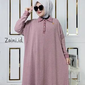 Gamis batwing knit salur muat jumbo / gamis knit busui kancing Muslim Panjang