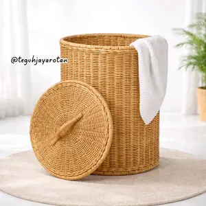 Teguh Jayarotan Keranjang Laundry Rotan Natural dengan Tutup Tempat Baju Kotor dan Baju