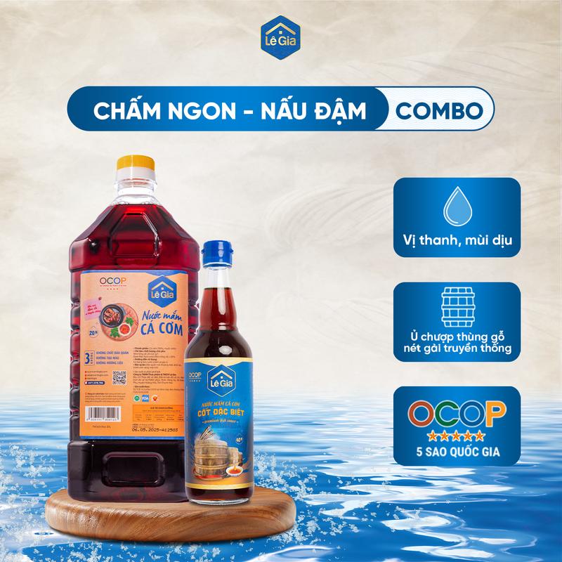  Chấm ngon - nấu đậm   Combo nước mắm cốt đặc chai thủy tinh 525ml + cá cơm 2L  
