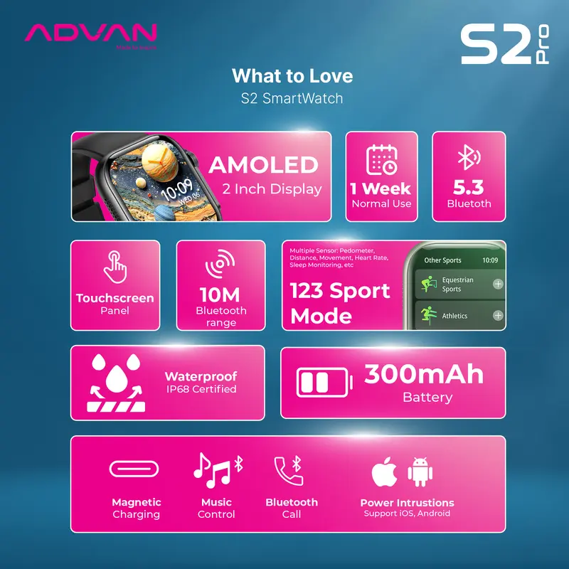 ADVAN Smartwatch S2 PRO AMOLED Display 1.95" inch Slim AI Voice Assistant Bluetooth Call Waterproof IP68 Touchscreen Health Monitoring 1