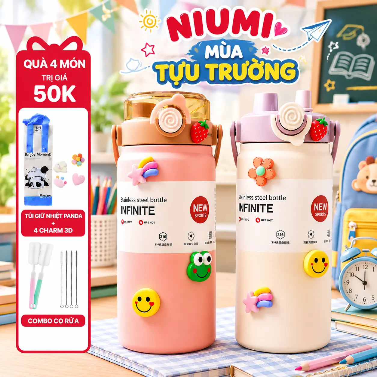 <Tặng Túi Giữ Nhiệt> Bình giữ nhiệt Boss NIUMI inox 316 dung tích 1200ml thiết kế đơn giản, màu sắc nhẹ nhàng, xinh xắn
