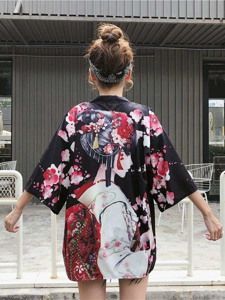 Product Introduction of Kimono ngắn Tay Mùa Hè, Unisex, Dành Cho Nam, Thời Trang Đường Phố Nhật Bản, Quần Áo Trang Phục Samurai, Áo Mỏng, Áo Sơ Mi Nam Phong Cách Hawaii Màu Đen Shirt Menswear 15